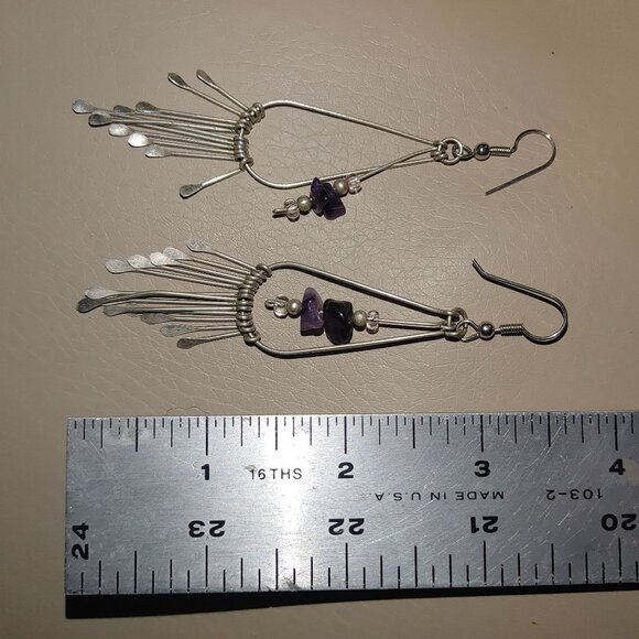 Long Vintage Silver Dangle Earrings Purple  Amethyst  Pearl Beads Fringe - Picture 5 of 9